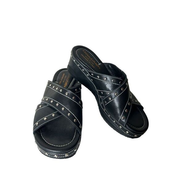 Donald J Pliner 6.5 M Black Studded Leather Platform Wedge Slides Comfort Italy - Picture 1 of 8